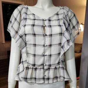 HEATHER - Plaid button down front Flutter sleeves Blouses